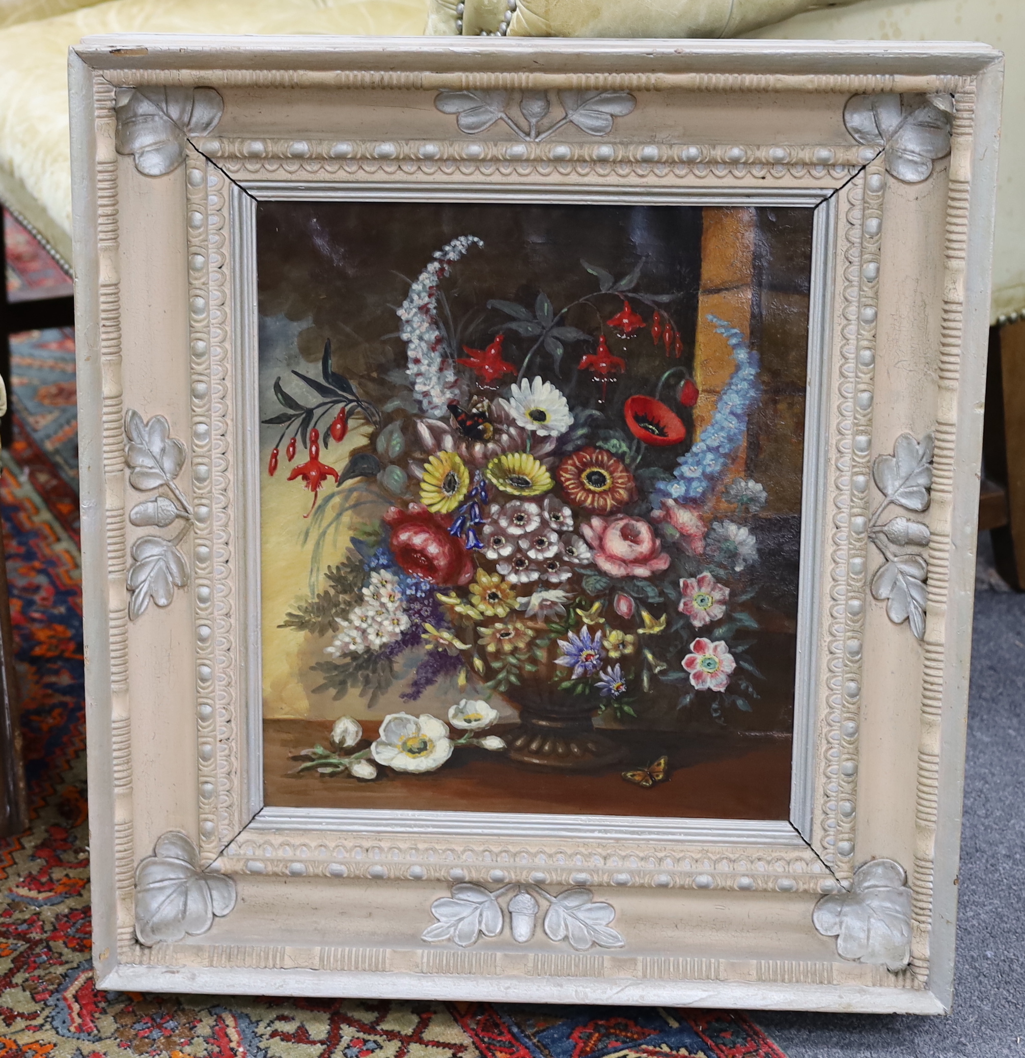 English School, oil on canvas, Still life of flowers in a vase, 39 x 34cm, ornate framed with applied acorn motifs